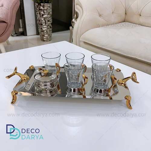 سینی استیل مستطیل فلیم دسته طلایی