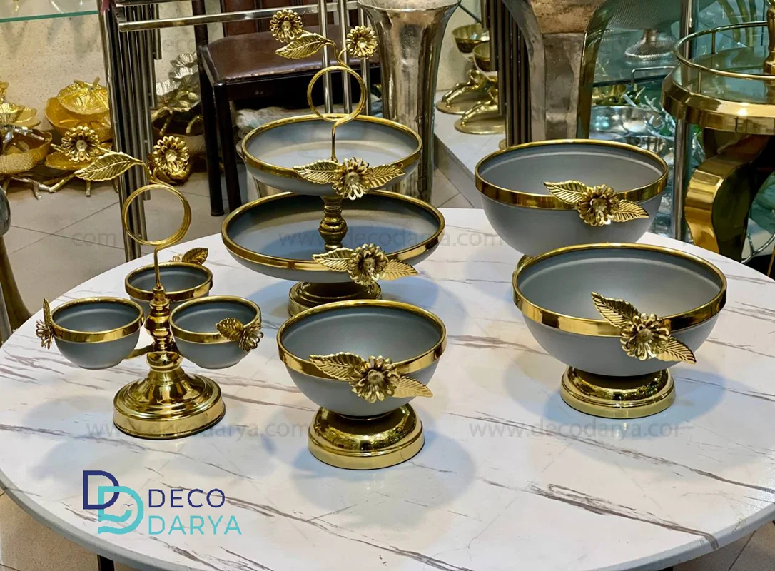 ست پذیرایی پنج تکه گل آفتابگردان طوسی طلایی